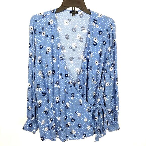 Talbots Women Plus Floral Wrap Blouse Top Size 2X Petite Blue Long Sleeve - Picture 1 of 6
